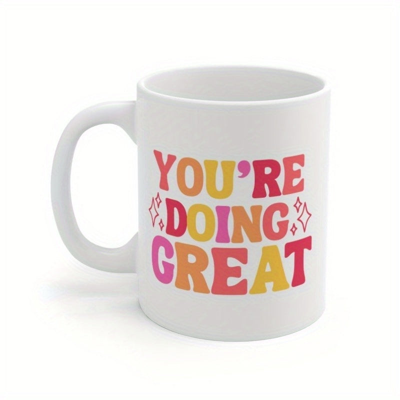 Tailorly White Ceramic 11 oz Mug - Youre Doing Great Colorful Retro Groovy Letters Surrounded By Shining Twinkling Sparkle Art