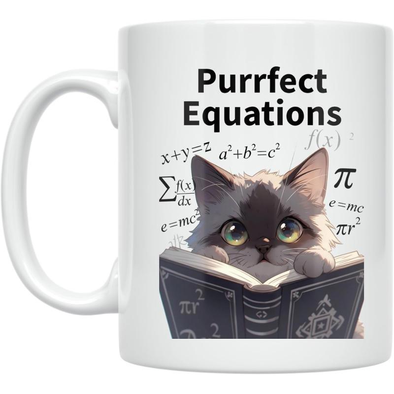 Tailorly White Ceramic 11 oz Mug - Purrfect Equations Adorable Fluffy Kitten Reading Antique Book Surrounded By Floating Mathematical Cat