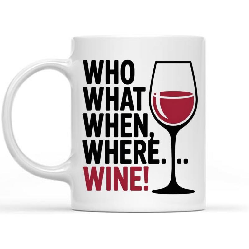 Tailorly White Ceramic 11 oz Mug - Who What When Where Wine Elegant Stemmed Glass Filled With Rich Red Liquid Among Bold Typography Wine Glass
