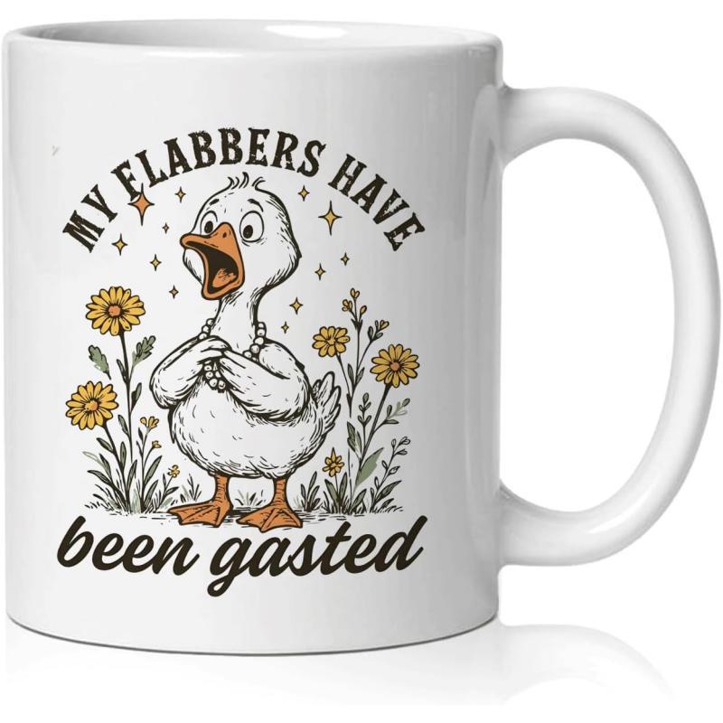 Tailorly White Ceramic 11 oz Mug - My Flabbers Have Been Gasted Surprised Cartoon Bird Among Flowering Plants Under Twinkling Stars Duck