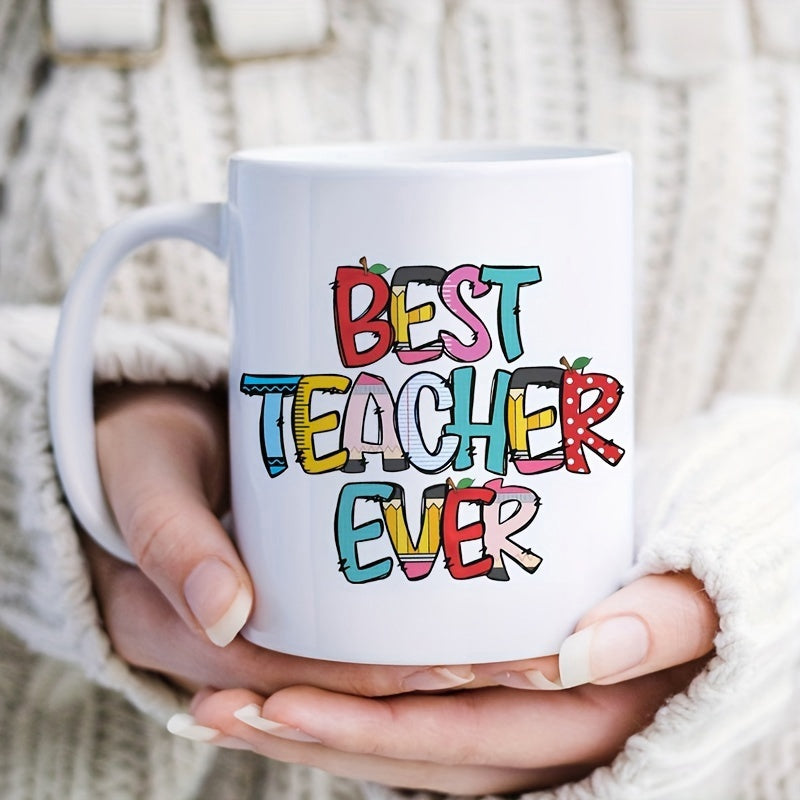 Tailorly White Ceramic 11 oz Mug - Best Teacher Ever Stylized Artistic Letters With Pencil Patterns And School Theme Accents Mug