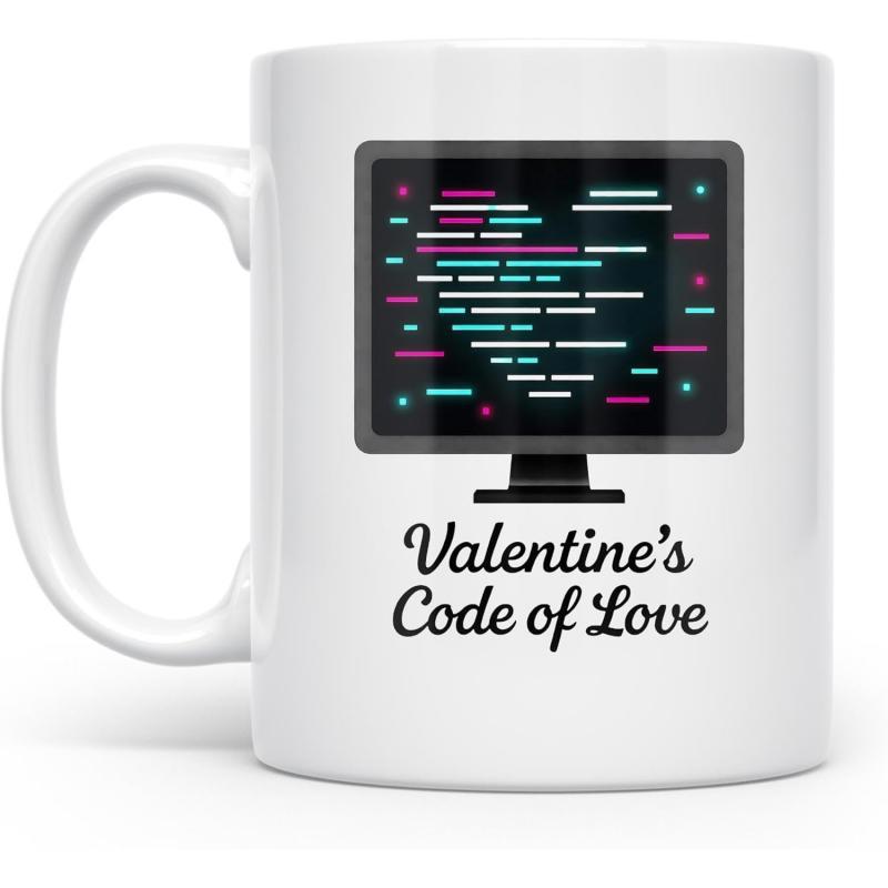 Tailorly White Ceramic 11 oz Mug - Valentines Code Of Love Digital Computer Screen Displaying Colorful Programmed Heart Lines Monitor