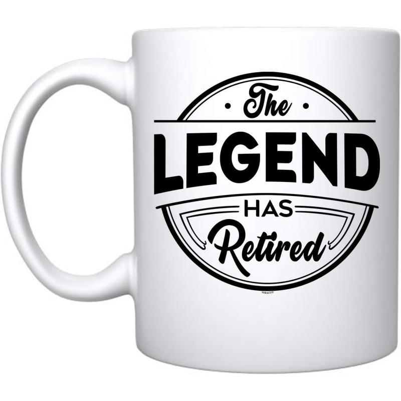Tailorly White Ceramic 11 oz Mug - The Legend Has Retired Bold Circular Badge With Decorative Line Art Details Badge