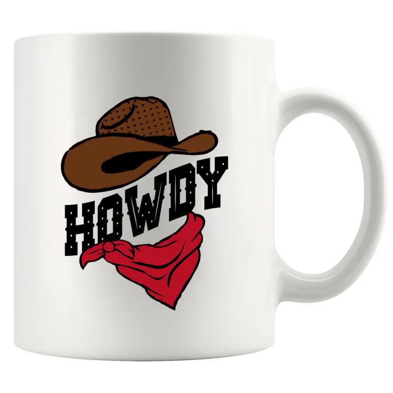 Tailorly White Ceramic 11 oz Mug - Howdy Brown Cowboy Hat Above A Red Bandana Stylized Graphic Illustration Cowboy Hat
