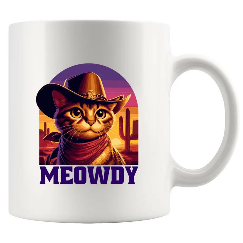 Tailorly White Ceramic 11 oz Mug - Meowdy Adorable Little Kitten Wearing Cowboy Hat Within Desert Sunset Landscape Cat