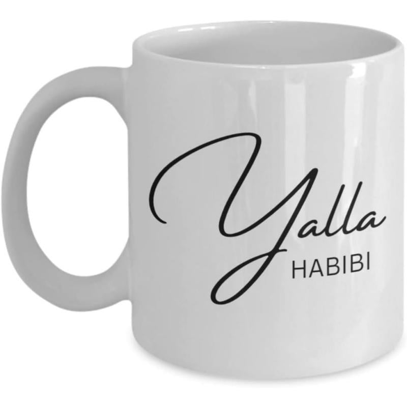 Tailorly White Ceramic 11 oz Mug - Yalla Habibi Minimalist Black Script Text On A Pure Mug