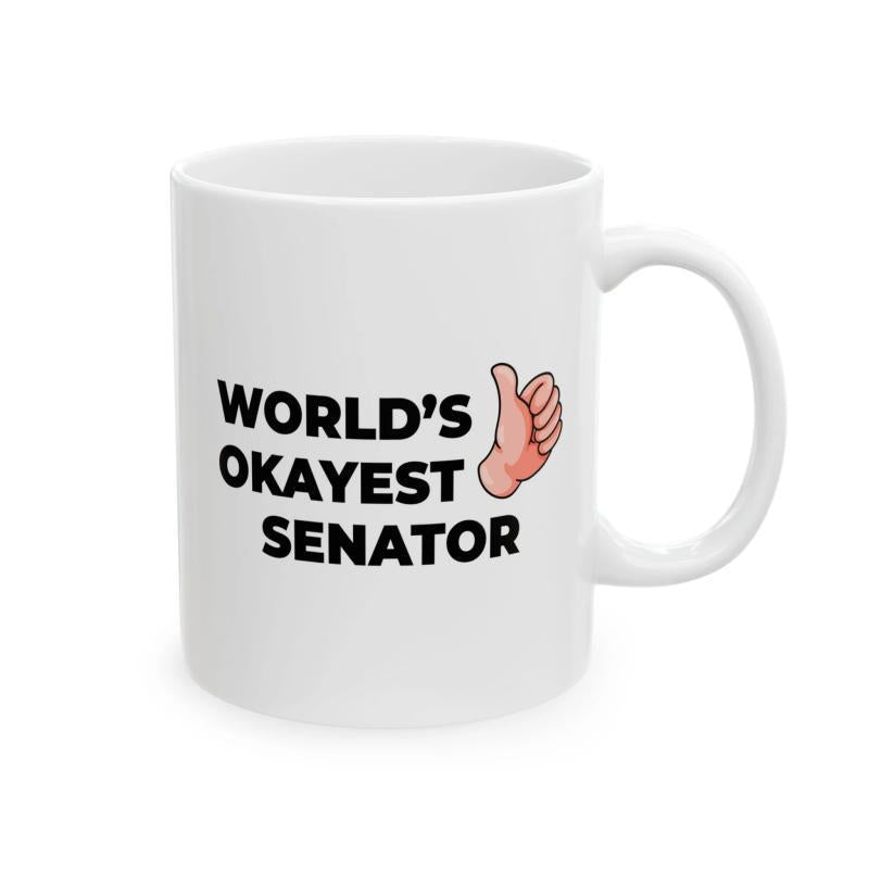 Tailorly White Ceramic 11 oz Mug - Worlds Okayest Senator Cartoon Styled Hand Giving Positive Thumbs Up Gesture In Minimalist Colors Mug