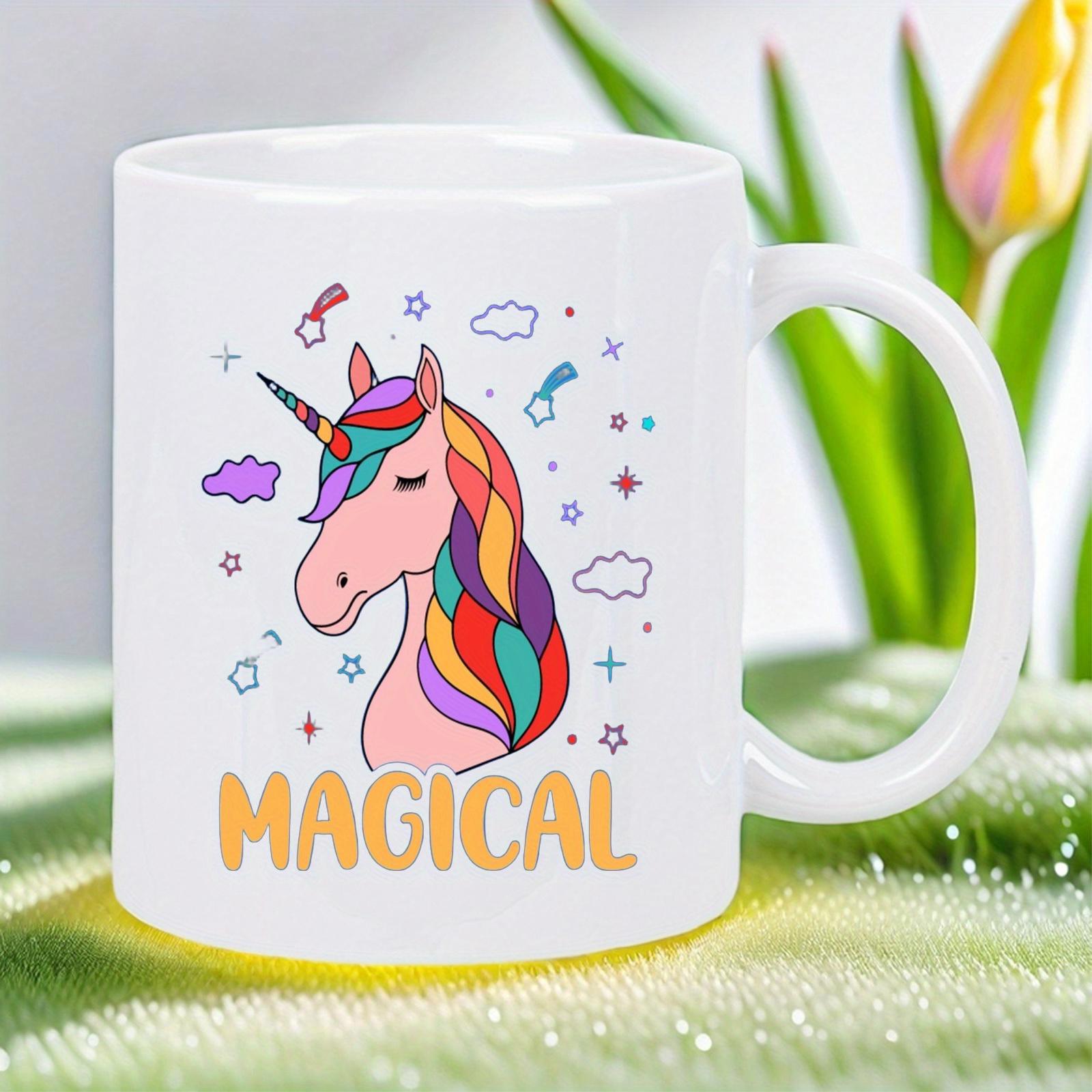 Tailorly White Ceramic 11 oz Mug - Magical Colorful Rainbow Hair Surrounded By Little Stars And Clouds Unicorn