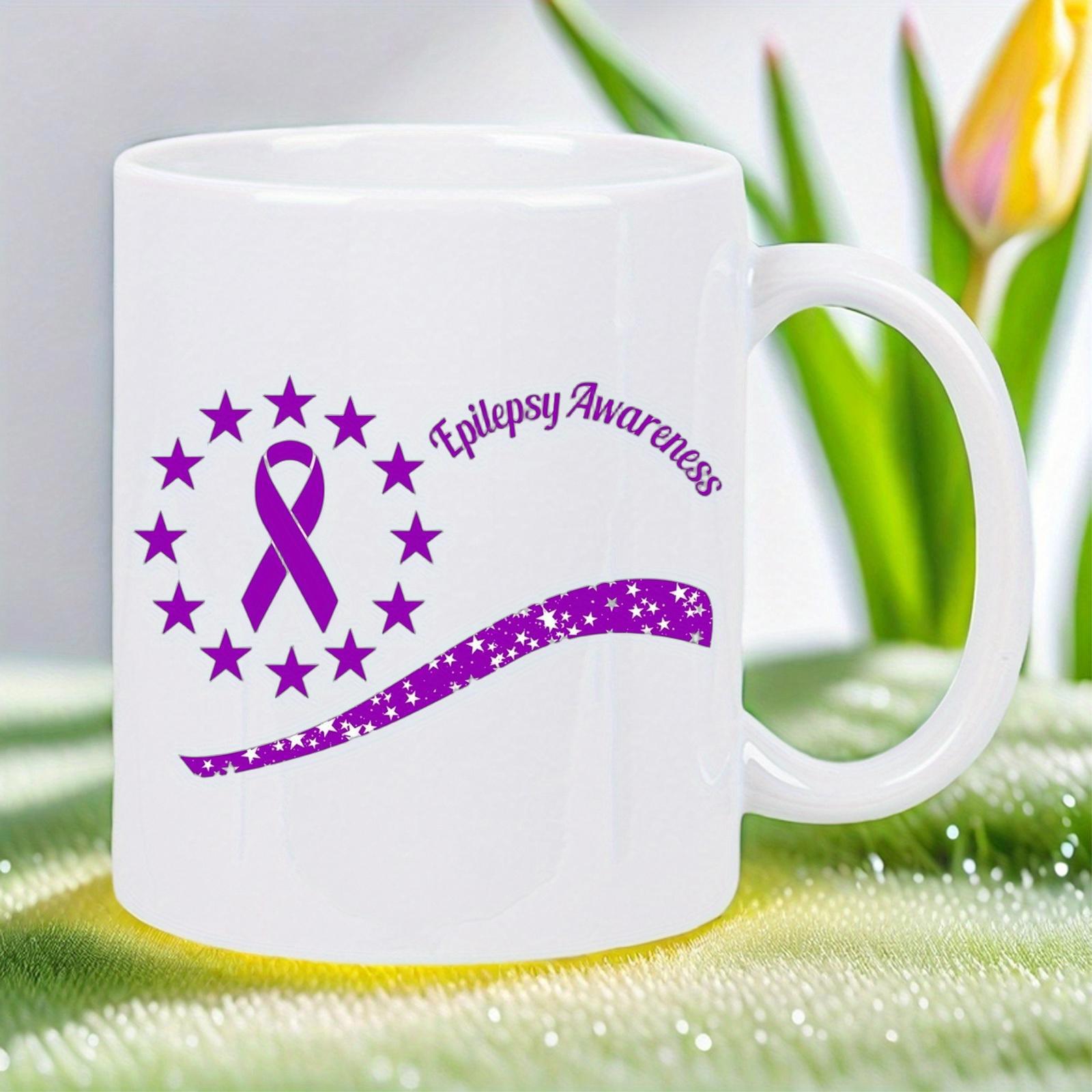 Tailorly White Ceramic 11 oz Mug - Epilepsy Awareness Purple Stars Circled Around A Stylized Hope Awareness Ribbon