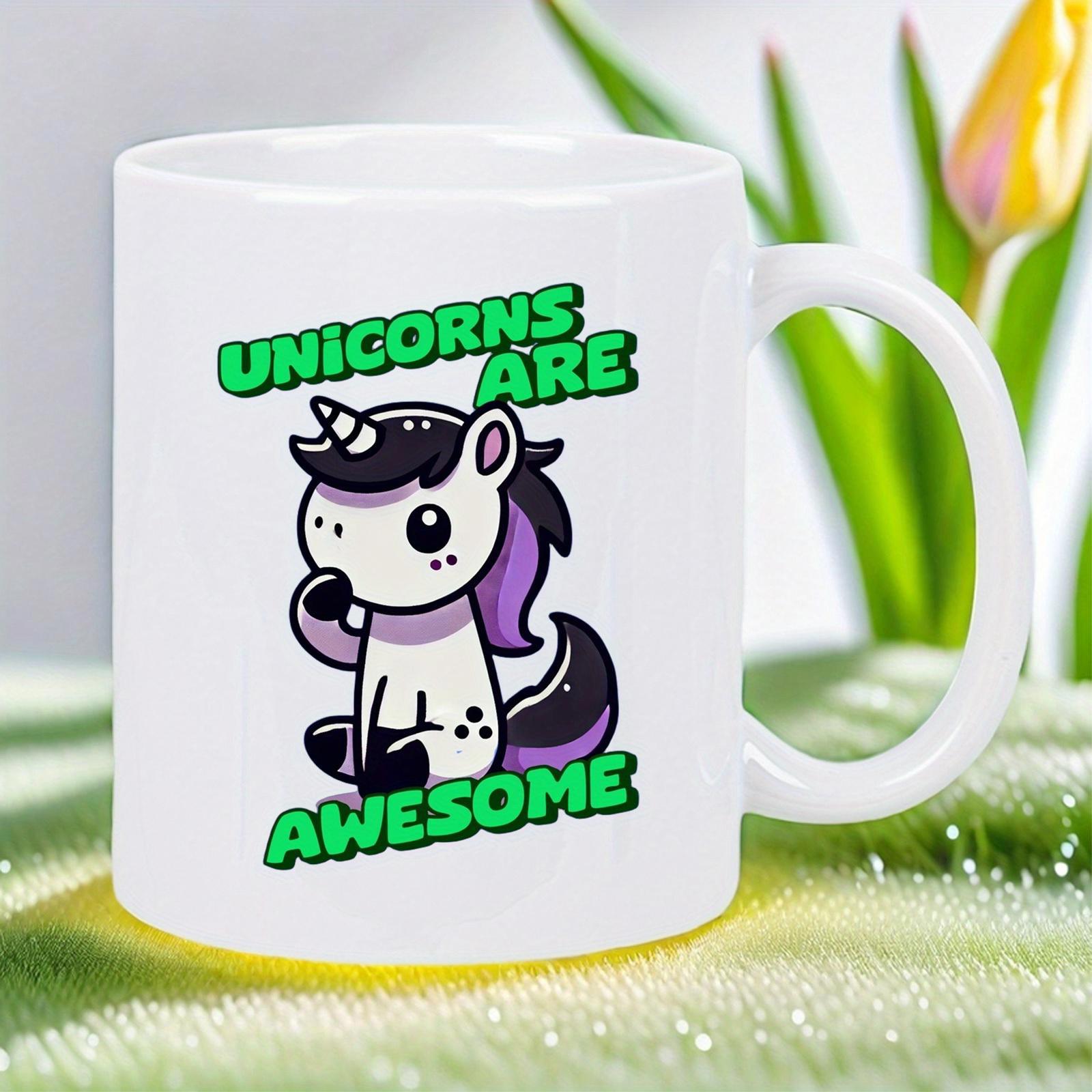 Tailorly White Ceramic 11 oz Mug - Unicorns Are Awesome Cute Cartoon Creature With Purple Mane Sitting Peacefully On Grass Unicorn