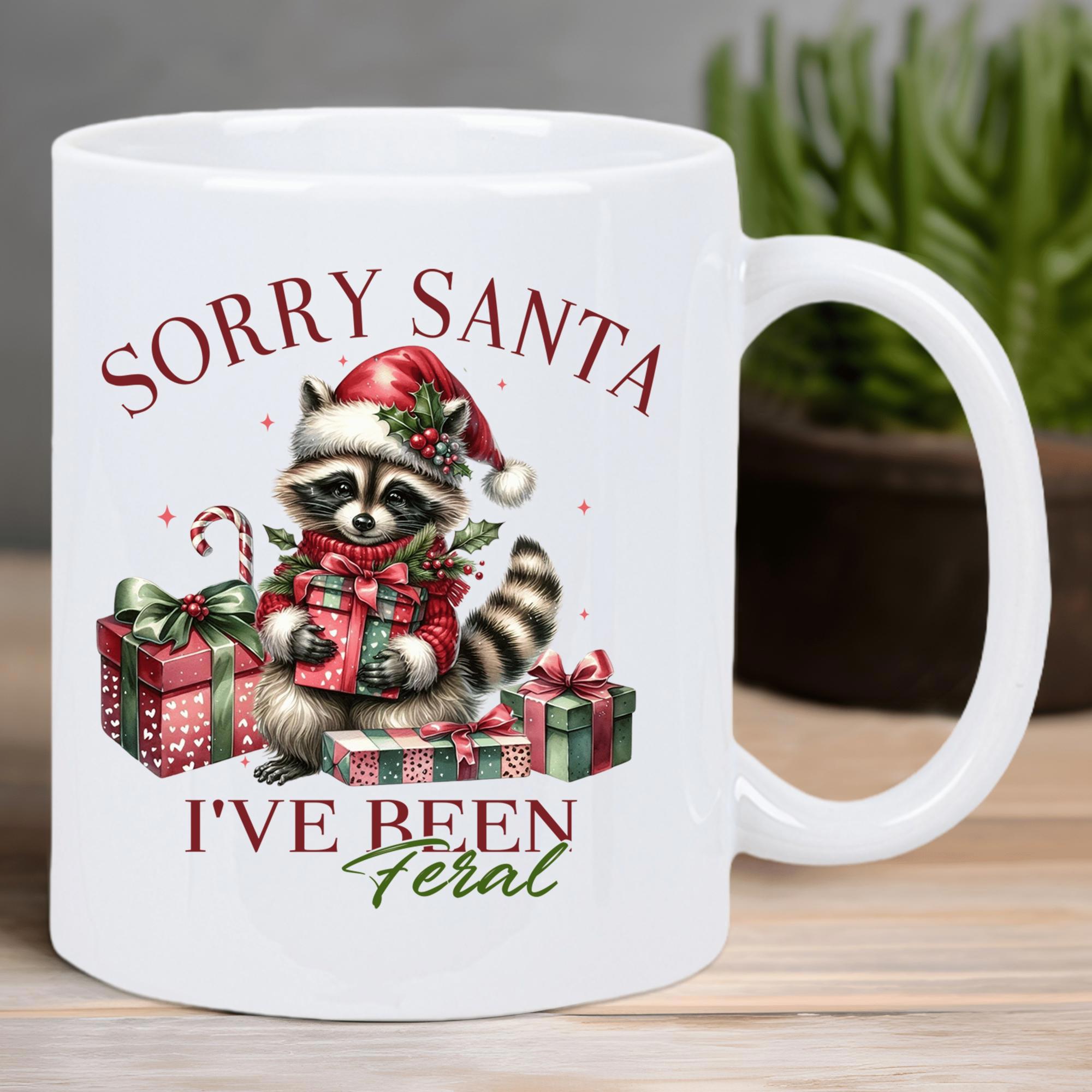 Tailorly White Ceramic 11 oz Mug - Sorry Santa Ive Been Feral Festive Raccoon Wearing Santa Hat Surrounded By Decorative Holiday Gift Boxes Raccoon