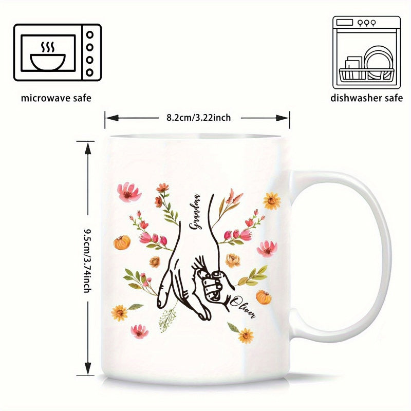 Tailorly White Ceramic 11 oz Mug - Grandpa Oliver Watercolor Blossoms Surrounding Adult And Child Fingers In Loving Bond Hands