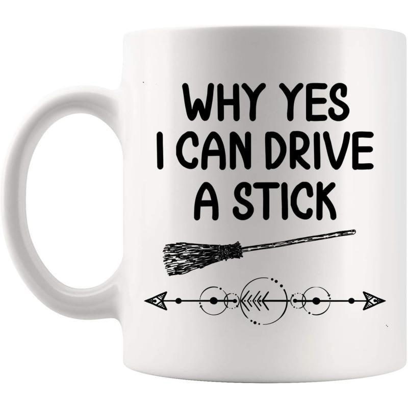 Tailorly White Ceramic 11 oz Mug - Why Yes I Can Drive A Stick Minimalist Hand Drawn Witch Broom Resting Above Intricate Tribal Pattern Arrow Broomstick