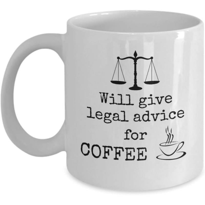 Tailorly White Ceramic 11 oz Mug - Will Give Legal Advice For Coffee Minimalist Silhouette Featuring Balanced Scales Of Justice And Hot Steaming Sign