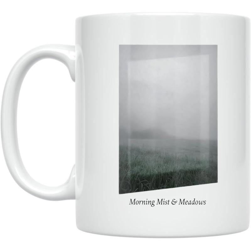 Tailorly White Ceramic 11 oz Mug - Morning Mist Meadows Ethereal Morning Fog Rolling Over Quiet Green Hills In Nature Meadow