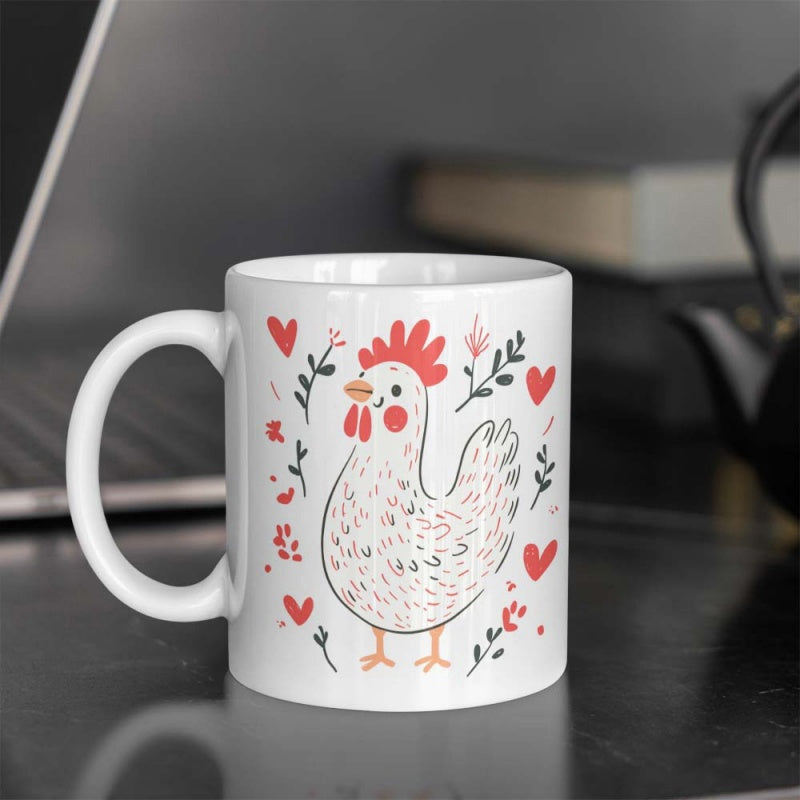 Tailorly White Ceramic 11 oz Mug - Hand Drawn Hen Surrounded By Red Hearts And Floral Leaves Chicken