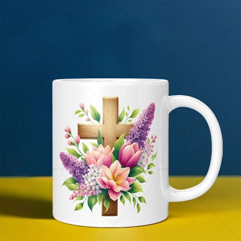 Tailorly White Ceramic 11 oz Mug - Blooming Spring Flowers With Elegant Lilies And Colorful Tulips Surrounding Wooden Cross