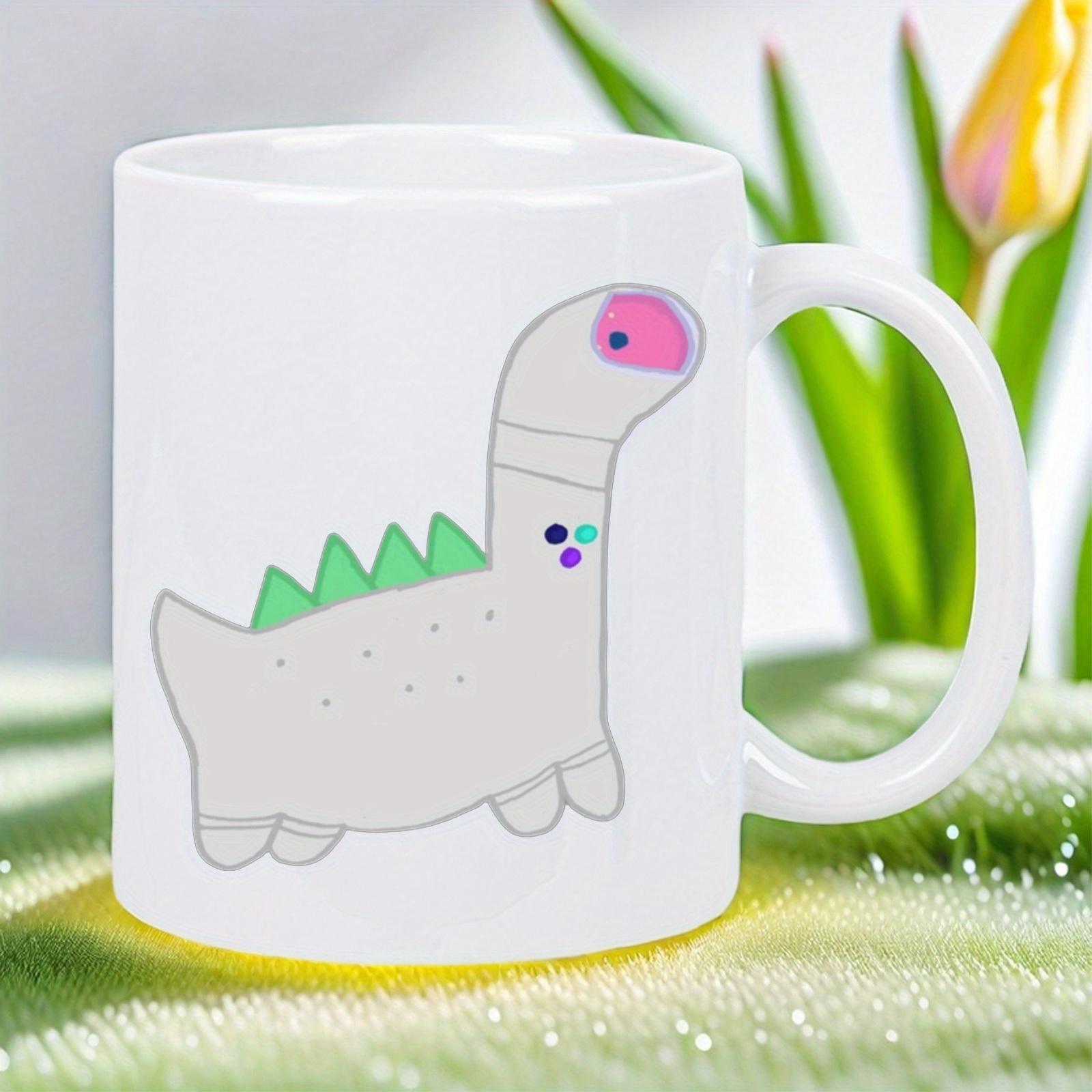 Tailorly White Ceramic 11 oz Mug - Cute Hand Drawn Grey Cartoon Dinosaur With Green Spikes And Pink Features Dinosaur