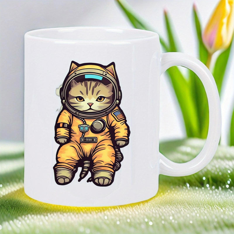 Tailorly White Ceramic 11 oz Mug - Adorable Tabby Wearing Detailed Yellow Spacesuit Floating Through Galactic Cosmic Void Cat
