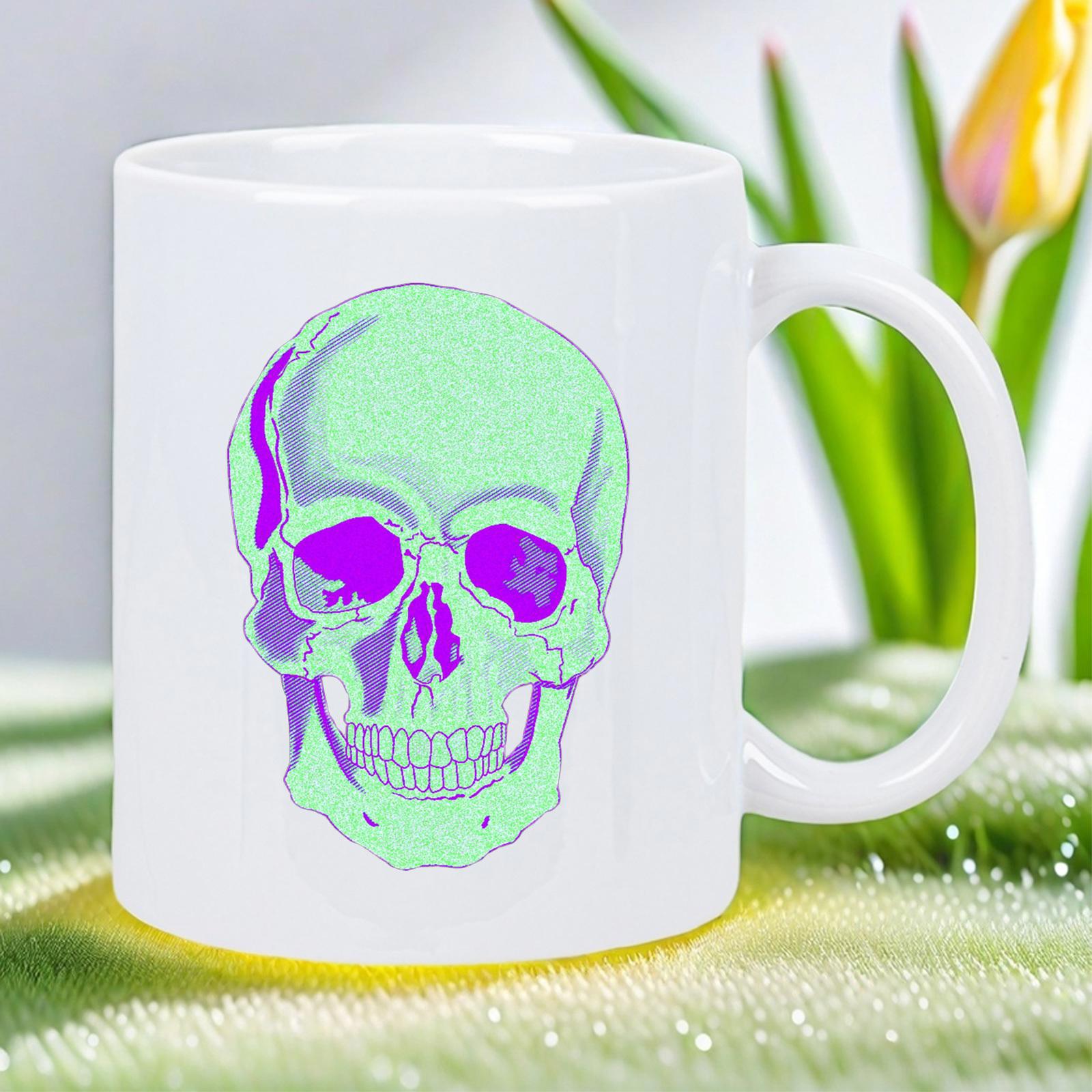 Tailorly White Ceramic 11 oz Mug - Stylized Mint Green Anatomical Design With Vibrant Purple Shading Details Skull