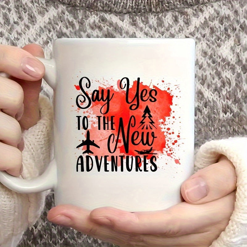 Tailorly White Ceramic 11 oz Mug - Say Yes To The New Adventures Red Watercolor Splash Background With Minimalist Airplane And Pine Tree Mug