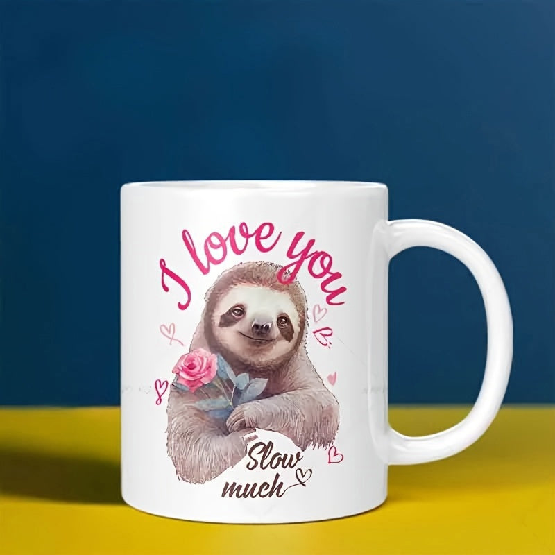 Tailorly White Ceramic 11 oz Mug - I Love You Slow Much Charming Furry Creature Holding A Delicate Pink Rose Among Tiny Floating Hearts Sloth