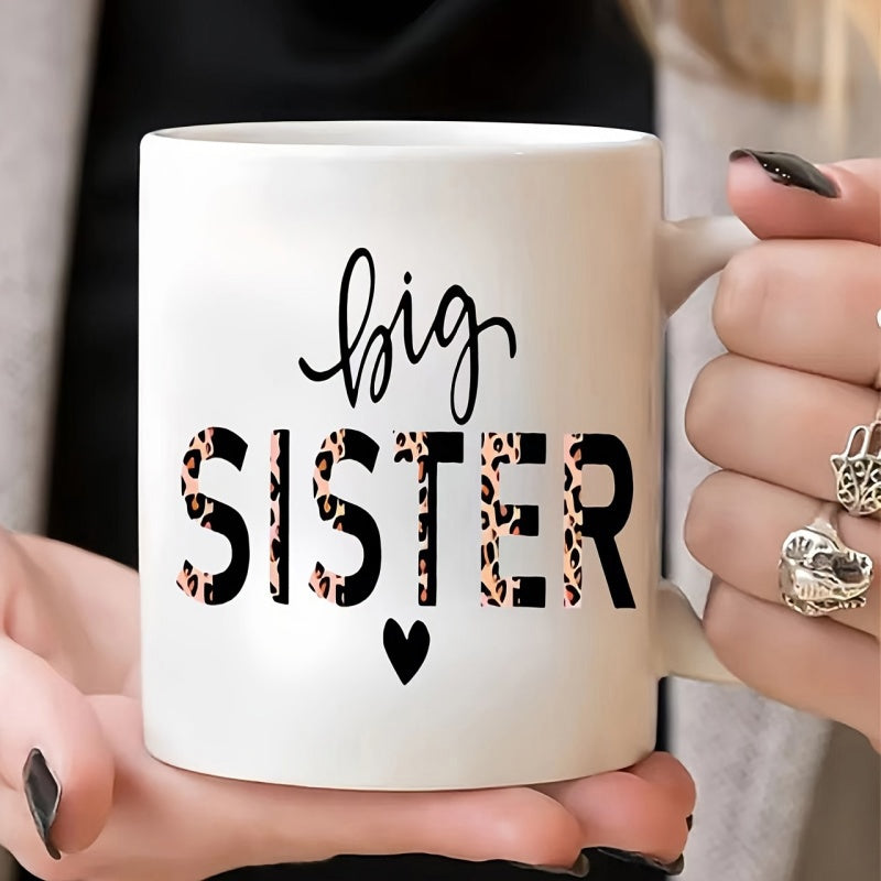 Tailorly White Ceramic 11 oz Mug - Big Sister Leopard Pattern Text Featuring Minimalist Heart Under Stylish Black Script Mug