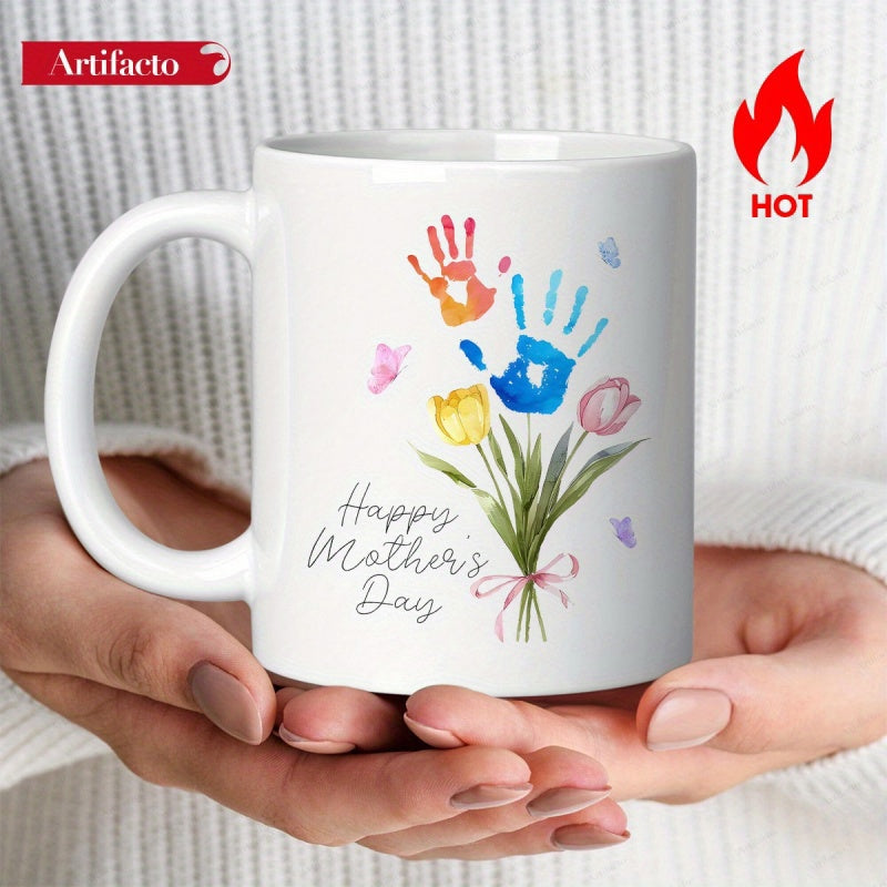 Tailorly White Ceramic 11 oz Mug - Happy Mother's Day Colorful Watercolor Handprints Blooming Among Spring Tulips In A Bouquet Mug