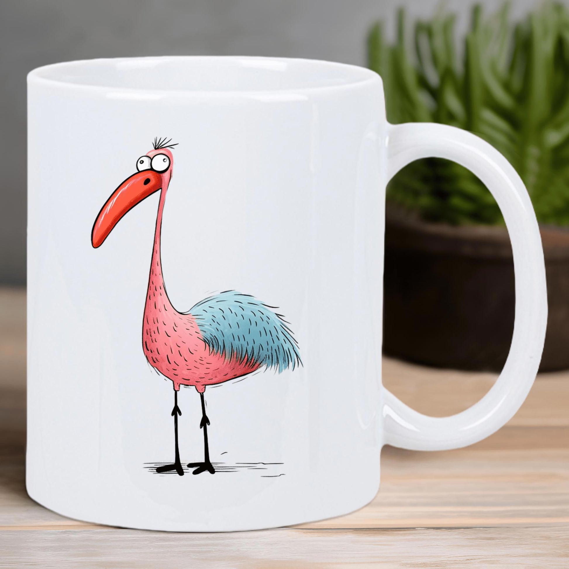 Tailorly White Ceramic 11 oz Mug - Quirky Pink Body With Blue Feathers And Long Orange Beak Bird