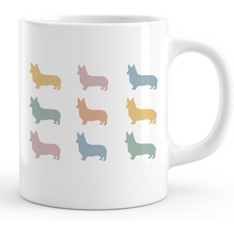 Tailorly White Ceramic 11 oz Mug - Minimalist Pastel Colored Silhouettes Of Nine Sitting Puppies Arranged In Grid Corgi