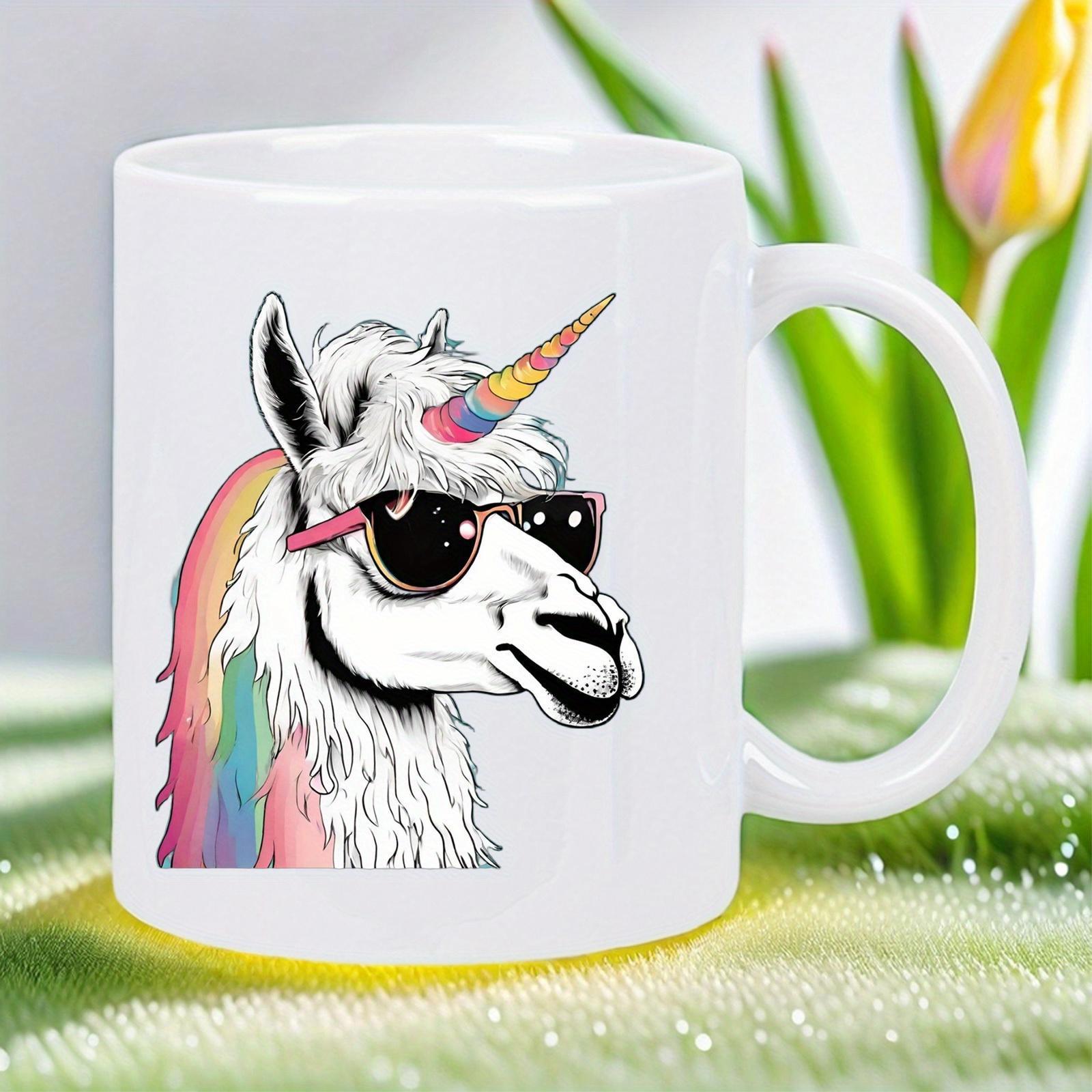 Tailorly White Ceramic 11 oz Mug - Cool Majestic Creature With Rainbow Mane Wearing Dark Stylish Sunglasses Llama