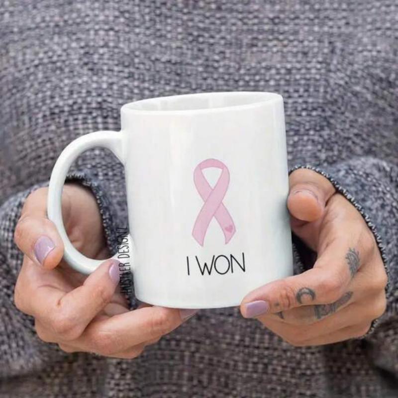 Tailorly White Ceramic 11 oz Mug - I Won Elegant Pink Symbol Of Hope And Breast Cancer Awareness Strength Ribbon