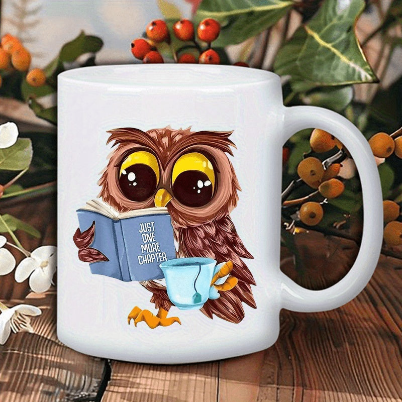 Tailorly White Ceramic 11 oz Mug - Just One More Chapter Whimsical Brown Feathered Owl Reading A Book Drinking Hot Tea Owl