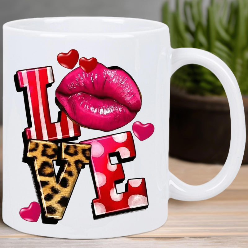 Tailorly White Ceramic 11 oz Mug - Love Artistic Patterned Letters Featuring Pink Lips And Tiny Floating Hearts Mug