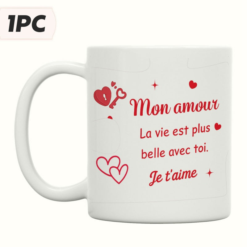 Tailorly White Ceramic 11 oz Mug - Delicate Red Heart Patterns With Romantic Key And Shimmering Small Stars Heart