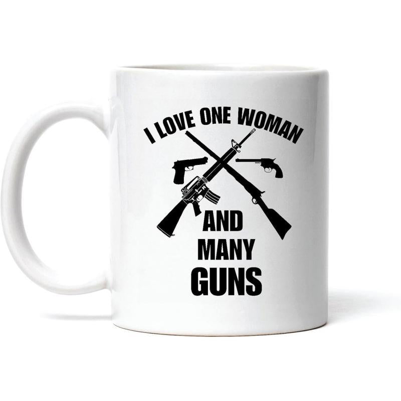 Tailorly White Ceramic 11 oz Mug - I Love One Woman And Many Guns Crossed Military Rifles And Handguns Arranged In Bold Black Silhouette Guns
