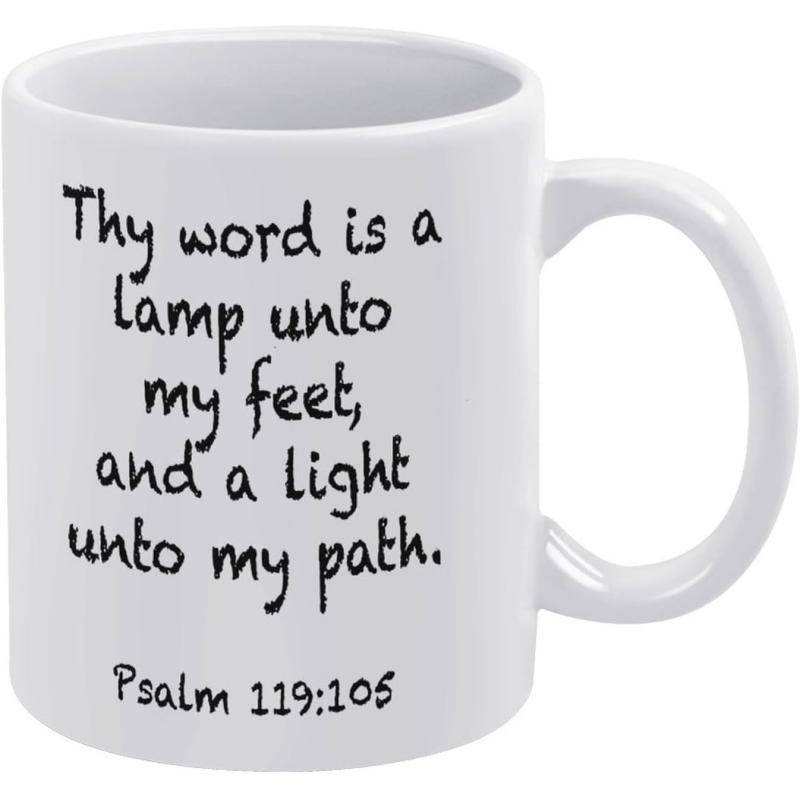 Tailorly White Ceramic 11 oz Mug - Thy Word Is A Lamp Unto My Feet And A Light Unto My Path Psalm 119 105 Minimalist Modern Black Hand Written Typography Style