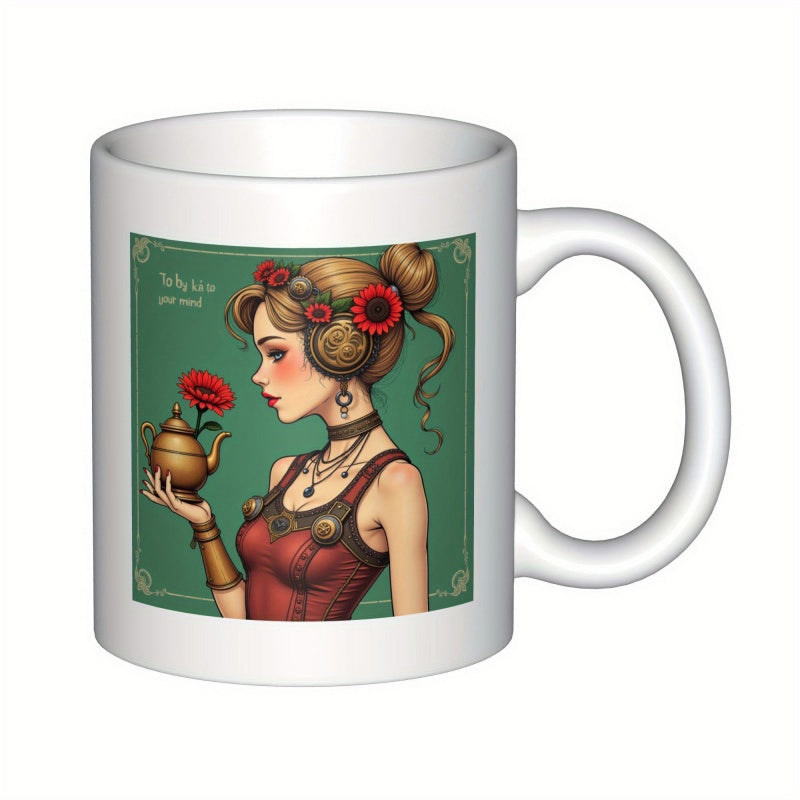 Tailorly White Ceramic 11 oz Mug - Who Is Elegant Vintage Lady Holding Golden Teapot Among Vibrant Red Flowers Woman