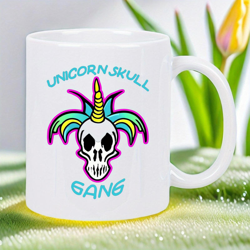 Tailorly White Ceramic 11 oz Mug - Unicorn Skull Gang Mythical Skeleton Head Adorned With Vibrant Neon Rainbow Hair Skull