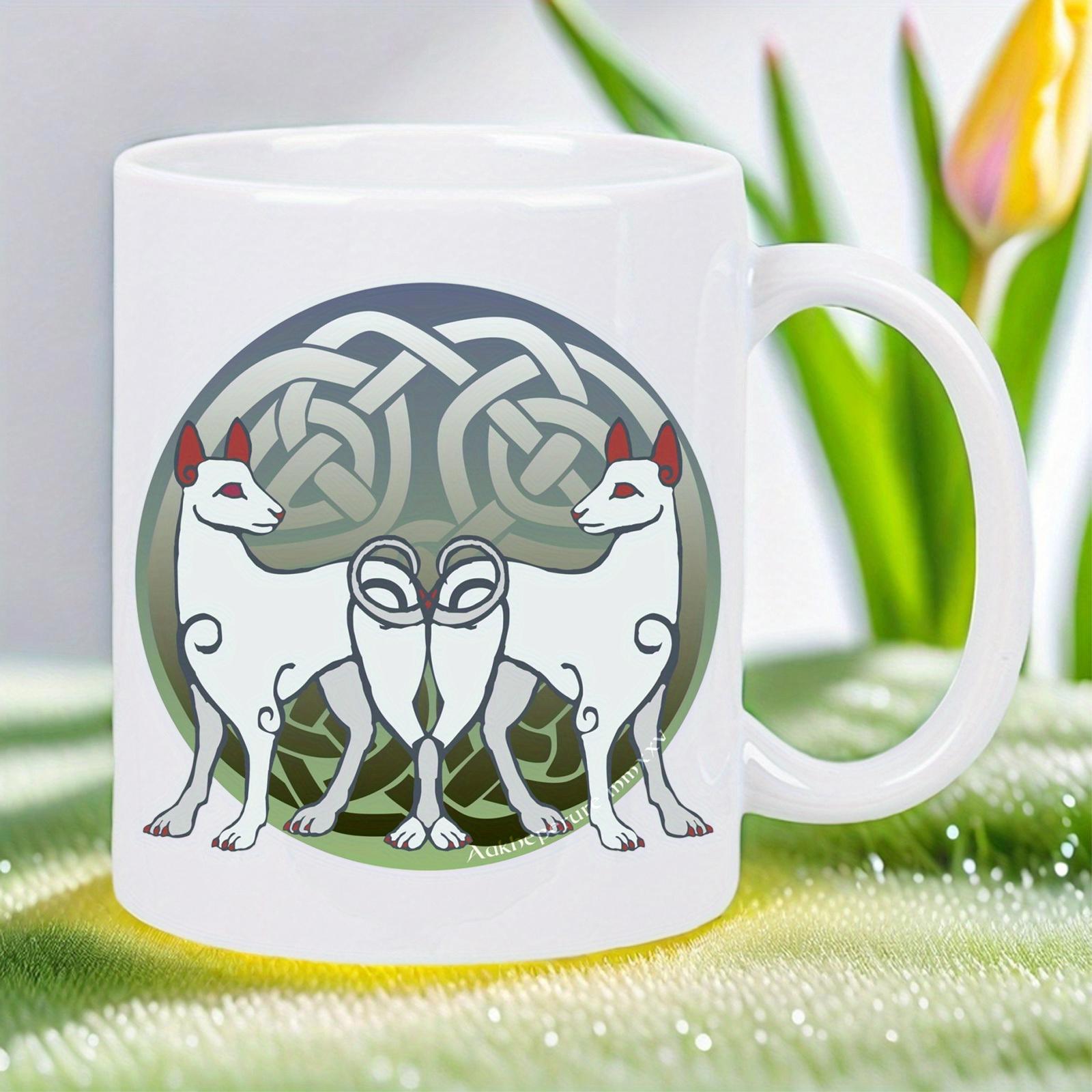 Tailorly White Ceramic 11 oz Mug - Ancient Celtic Style With Symmetric White Hounds And Green Knotwork Circle Hound