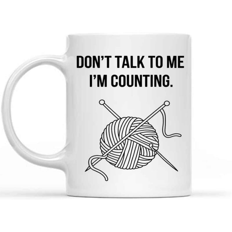 Tailorly White Ceramic 11 oz Mug - Don't Talk To Me I'm Counting Minimalist Line Art Drawing Of Knitting Needles Stuck Through A Soft Yarn