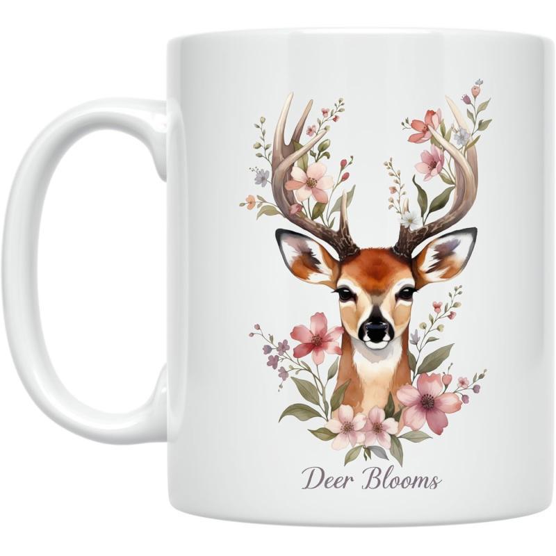 Tailorly White Ceramic 11 oz Mug - Deer Blooms Elegant Stag With Antlers Surrounded By Soft Pink Spring Blossoms Deer