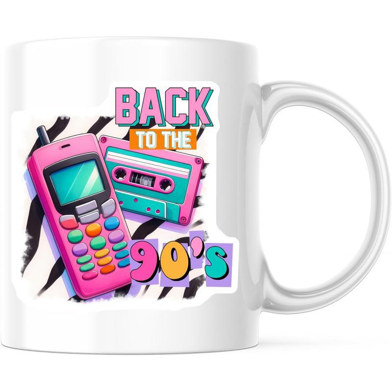 Tailorly White Ceramic 11 oz Mug - Back To The 90s Vibrant Neon Pink Retro Brick Phone And Colorful Cassette
