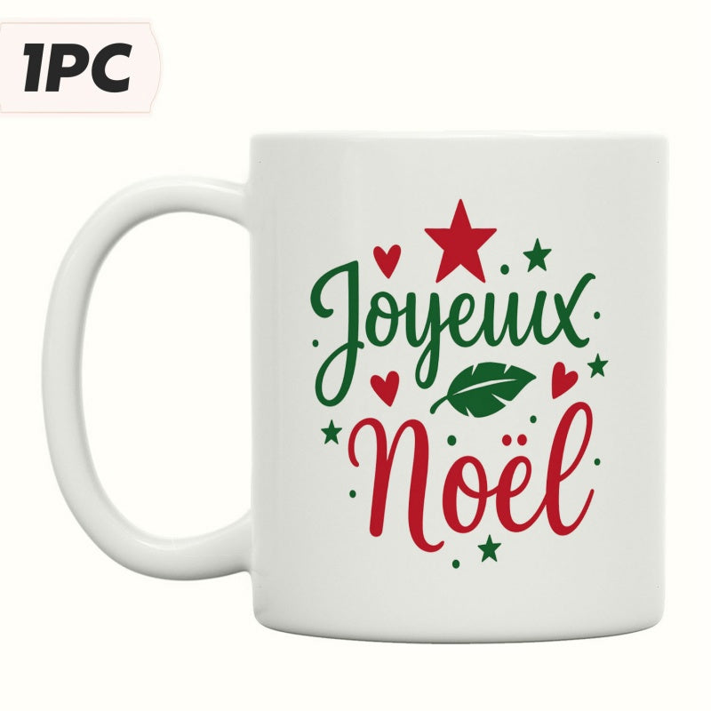 Tailorly White Ceramic 11 oz Mug - Festive Christmas Decorations With Red Stars And Green Leaves Holiday
