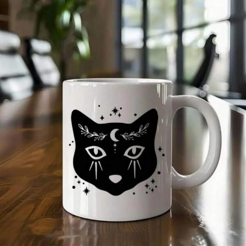 Tailorly White Ceramic 11 oz Mug - Mystic Black Silhouette Surrounded By Small Sparkling Magic Stars Celestial Moon Cat