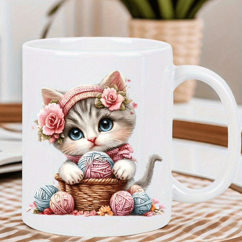 Tailorly White Ceramic 11 oz Mug - Adorable Small Fluffy Cat Wearing Pink Floral Headband With Yarn Balls Kitten