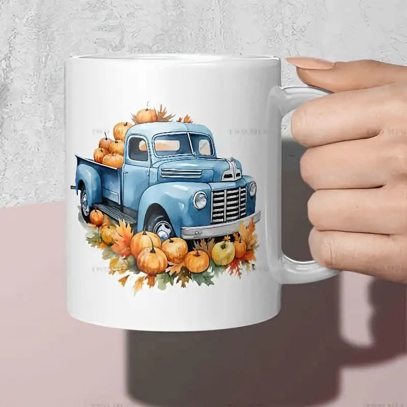 Tailorly White Ceramic 11 oz Mug - Vintage Blue Pickup Loaded With Harvest Pumpkins And Autumn Leaves Truck
