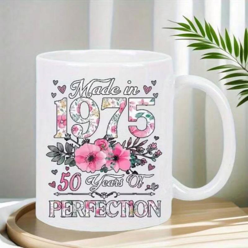 Tailorly White Ceramic 11 oz Mug - Made In 1975 50 Years Of Perfection Vibrant Pink Blooming Flowers With Green Leaves And Scattered Tiny Hearts Flower