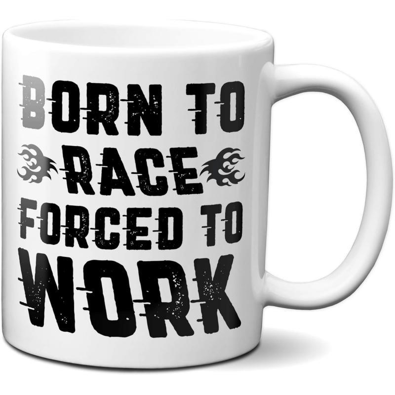Tailorly White Ceramic 11 oz Mug - Born To Race Forced To Work Distressed Bold Typography With Speed Lines And Decorative Small Racing Flame Mug