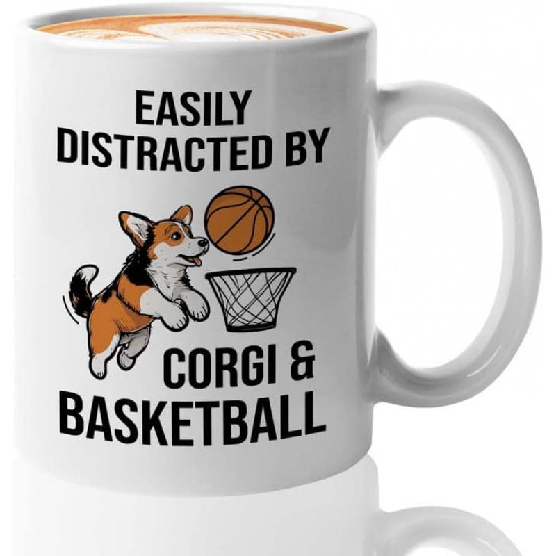 Tailorly White Ceramic 11 oz Mug - Easily Distracted By Corgi Basketball Energetic Tricolor Puppy Leaping Toward Floating Basketball And Simple Hoop Dog